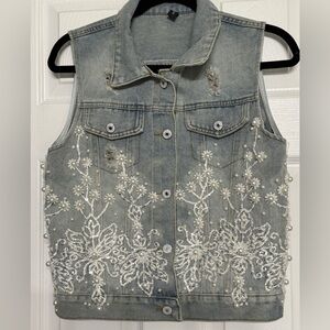 Embellished Denim Vest with Distressing S